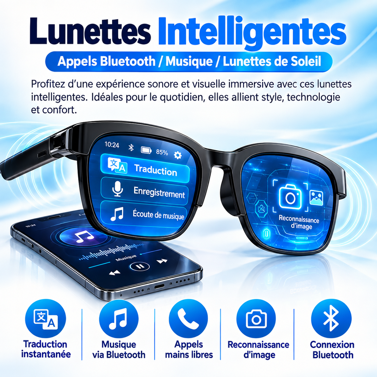 Lunettes Intelligentes 2026 : Traduction IA, Conversation Bluetooth, Enregistrement, Écoute Musicale – Lunettes de Soleil Connectées pour Hommes et Femmes
